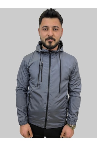 Erkek Kapüşonlu File Detaylı Füme Yağmurluk Füme