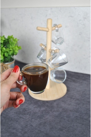 6 Kişilik Ahşap Standlı Mini Kahve Bardağı Seti 75 Ml Paşabahçe Espresso Bardak Şeffaf
