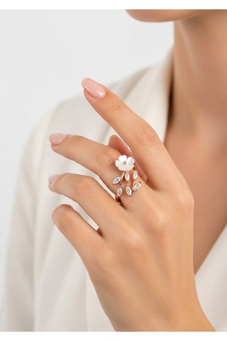 Çekirdekjewelry 925 Ayar Gümüş Manolya Çiçekli Ayarlanabilir Yüzük Pembe