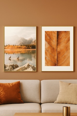 Sonbahar Zarafeti Modern Tablo - Gerçek Cama Baskı Gold Alüminyum Metal Çerçeveli 2'li