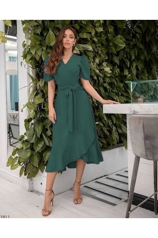 Defymoda Kadın Kruvaze Yaka Midi Boy Kuşaklı Krep Elbise 120 Cm Yeşil