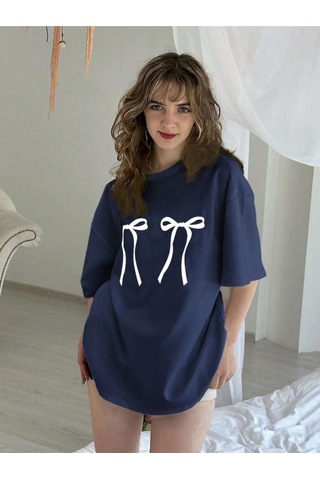 Uyguntarz Unisex Çift Kurdele Tasarım Basklı Tshirt Lacivert