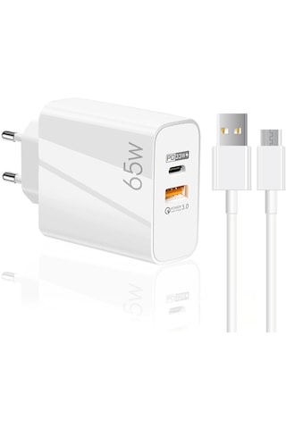 Schitec GN65 WUM3 65 W USB-A PD33W Q.C 3.0 USB-A To Micro Kablolu Hızlı Şarj Aleti 3 M