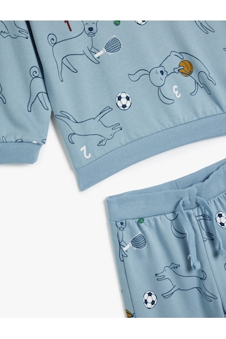 Koton Eşofman Takımı Uzun Kollu Pamuklu Sweatshirt Ve Eşofman Altı Köpek Baskılı Mavi Desenli 5wmb10196tk Mavi