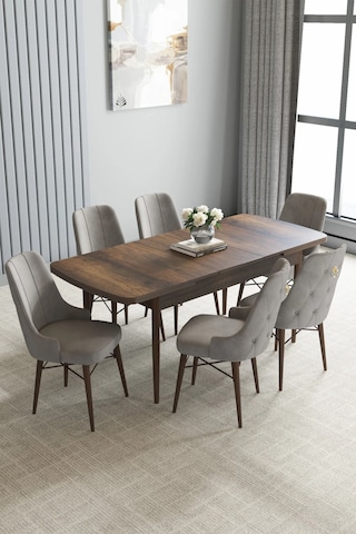 Zümra Serisi, Barok Ahşap Desen 80x132 Açılabilir Mdf Mutfak Masası Takımı 6 Adet Sandalye, Gri