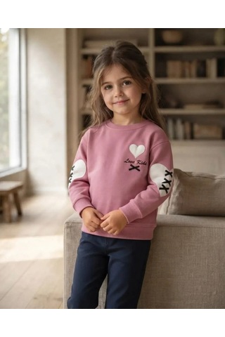 Roya Kız Çocuk Pembe Sweatshirt Kalp Detaylı Modeli