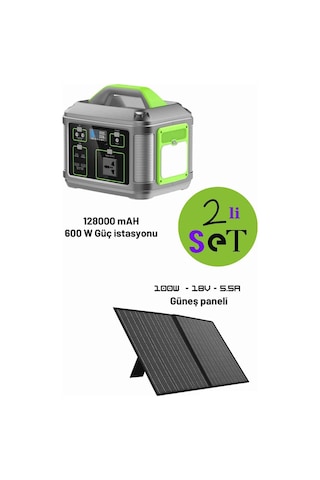 128.000 Mah 600 Watt Güç İstasyonu Ve 100 Watt 18 Volt 5.5 Amper Güneş Paneli Tam Uyumlu İkili Set