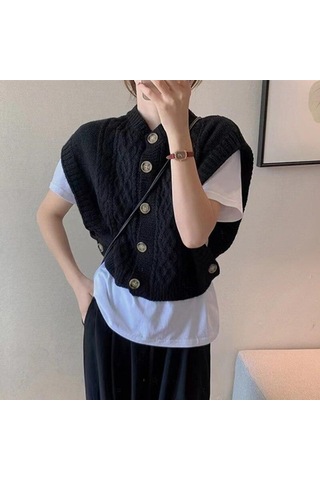 Koyu Kahverengi Kore Şık Vintage Büküm Kolsuz Kazak Yelek Kadın Sonbahar Kış Örme Yelek Yelekler Kadın Düğme O Boyun Triko 29143 Koyu Kahverengi