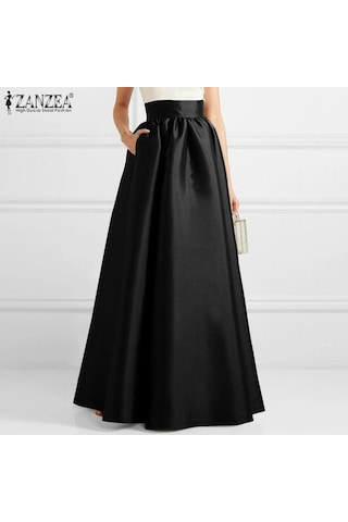 Zanzea Kadın Moda Yüksek Bel A-line Saten Etekler Düz Renk Parti Uzun Etekler Asker Yeşili Yeşil