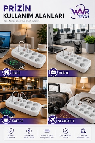 6'lı Topraklı Grup Priz 4 Usb 2 Type-c Hızlı Şarj 1.8 Metre Kablo Aşırı Yük Korumalı 1.8 M