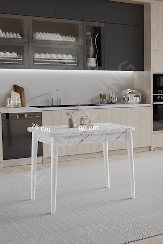 Faymend 4lü, Açılır, Döner, Mutfak Masası Takımı, Yemek Masası, Kapalı Ölçü: 75x80 Cm - Açık Ölçü: 80x150 Cm Beyaz