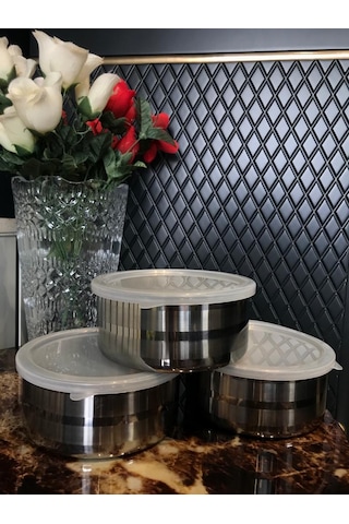 3'lü Paslanmaz Çelik Saklama Kabı 14 CM Gri