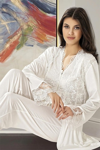 Xses 4300 Kadın Hamile Lohusa Sabahlıklı Pijama Takım-ekru