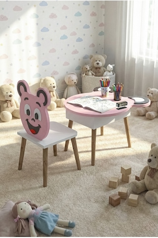 Çocuk Masası & Çocuk Sandalyesi Happy Face Sevimli Figürlü Set Pembe