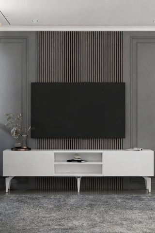 Valencia Raflı, Pleksi Lazer Desen Tv Sehpası Tv Ünitesi Beyaz - Gümüş