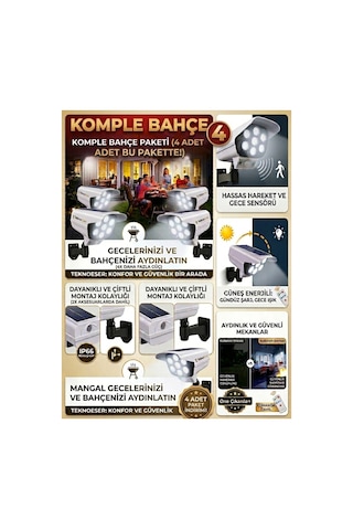 4 Adet Güneş Enerjili Kamera Görünümlü Led Bahçe Aydınlatması Sensörlü Kumandalı Projektör Seti