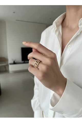 Valmont Accessories Kadın Gold Renk Beyaz Taşlı Çok Sıralı Geometrik Yüzük