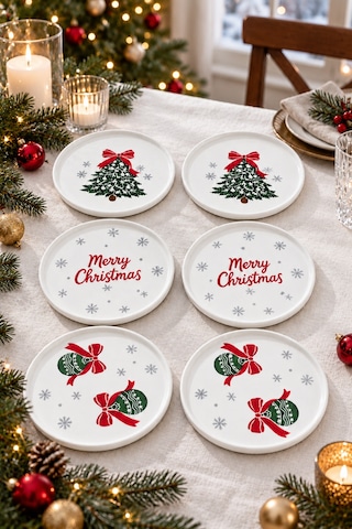 Merry Christmas 6 Lı 16 Cm Yılbaşı Desenli Seramik Pasta Ve Tatlı Tabağı Seti Beyaz