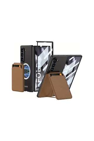 Turcoshop11 Samsung Z Fold 6 Manyetik Kart Yuvası Ayrılabilir Kapaklı Film Entegre Kılıf Brown