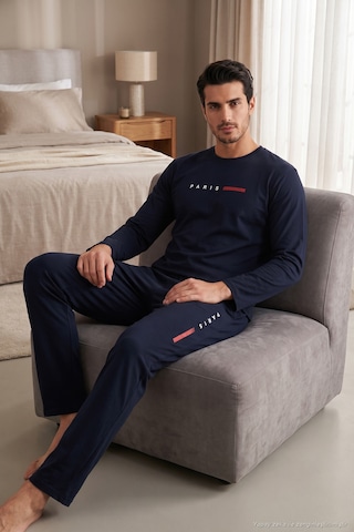 Buratti Baskılı Pamuklu Uzun Kollu Pijama Takımı Erkek Pijama Takımı 6575006 Lacivert