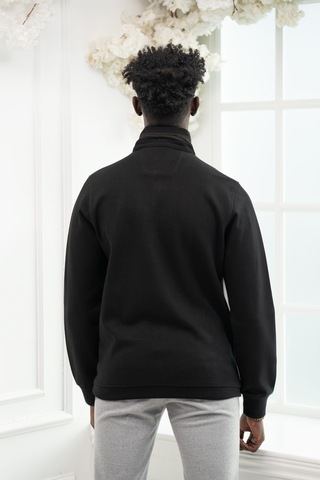 San&Fa Regular Fit Biyeli Fermuarlı Dik Yaka Armürlü Pamuklu Sweatshirt Siyah