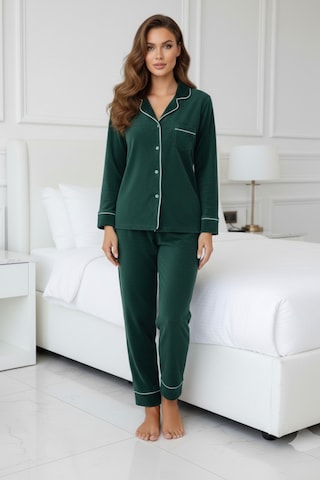 Kadın Kadife Boydan Düğmeli Şerit Detaylı 2'li Pijama Takım ZÜMRÜT