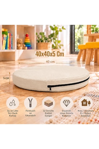 Kreş Anaokulu Yuvarlak Oyun Minderi Aktivite Minderi 40x40x5 Cm - Sandalye Minderi - Bahçe Dekor Minderi Yuvarlak Minder Krem