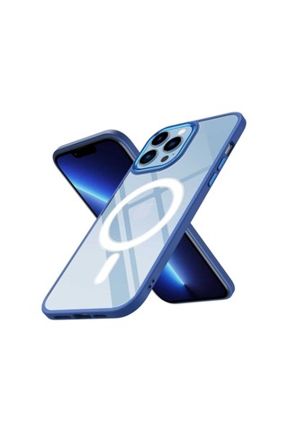 Apple Uyumlu iPhone 13 Pro Max Kılıf Wireless Şarj Özellikli Zore Krom M-safe Silikon Kapak Lacivert