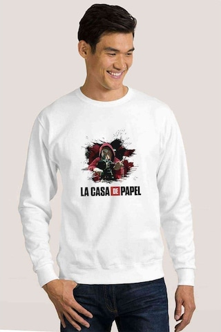 La Case De Papel Dali El Baskılı Beyaz Erkek Örme Sweatshirt