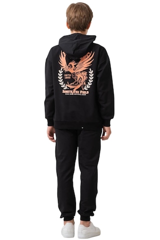 Erkek Çocuk Sırtı Anka Kuşu Detaylı Kanguru Cepli Kapüşonlu Siyah Renk Eşofman Takımı 3333 Siyah
