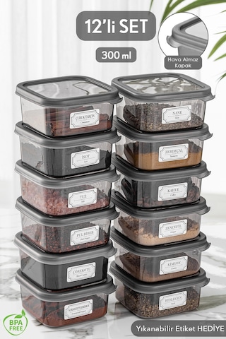 Meleni Home 12'li Kapaklı Kare Erzak Saklama Kabı Seti Baharatlık Seti Etiketli 12x 300 Ml Antrasit