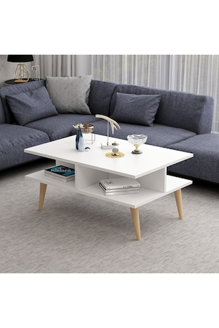 Dekorosso Poloo Ahşap Ayaklı Modern Dekoratif Orta Sehpa Beyaz