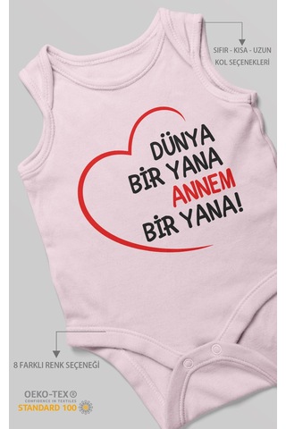 Morivokids Dünya Bir Yana Annem Bir Yana Sıfır Kollu Bebek Zıbını %100 Pamuk Bebe Pembe