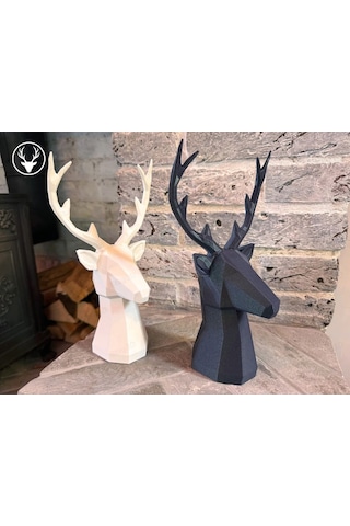 2 Adet Siyah Beyaz Dekoratif Geyik Görünümlü Poli Vazo, Dekoratif Biblo, Masa Üstü Geyik Kafası Obje