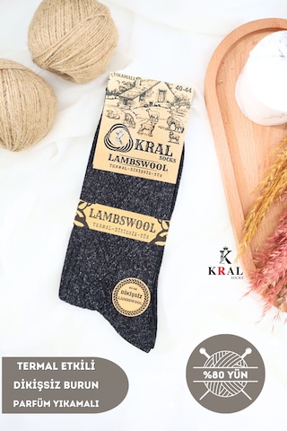 Kral Socks Dikişsiz Tasarım Lambswool Yünlü Kışlık Erkek Çorap Siyah