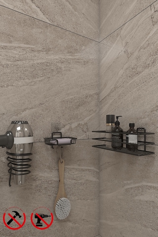 Alper Banyo Yapışkanlı Siyah TŞ01 Banyo Rafı Yapışkanlı Sabunluk Kare Fön Makinesi Askısı Siyah