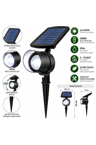 Solar Led Bahçe Spotu 40 Lümen 5000k Beyaz Işık Kazıklı Çim Ve Peyzaj Aydınlatma