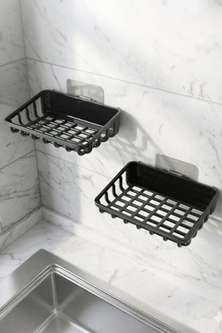 2&apos Li Set Yapışkanlı Banyo Sabunluk, Katı Sabun Tutacağı, Lavabo Mutfak Katı Sabunluk Süngerlik Siyah Siyah 000 Açık Krem