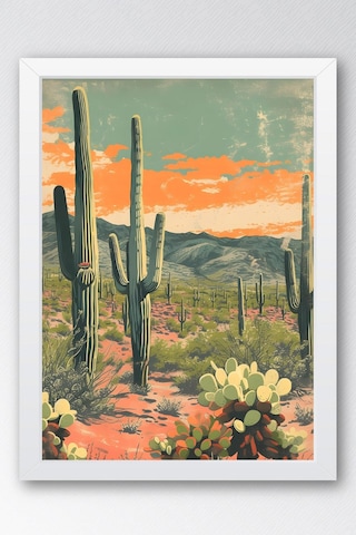Saguaro Kaktüsü Ve Çöl Bitkileri Çerçeveli Tablo - Pop Art Poster Tablo