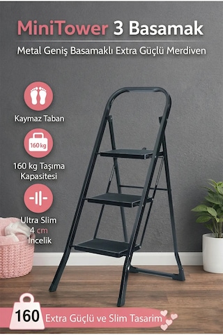 Minitower 3 Basamaklı Metal Merdiven - Ekstra Güçlü Siyah 3basamaklı