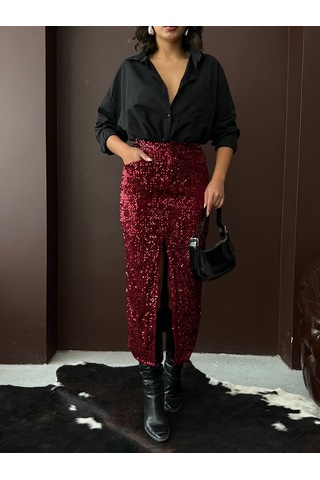 Verymoda Pullu Kadife Uzun Etek F2053 Bordo