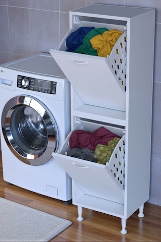 Eliusta Veluna 50 Cm Kirli Çamaşır Sepetli Dolap Banyo Dolabı Beyaz 50x138x32,5 Cm 2 Sepetli Dolap Beyaz