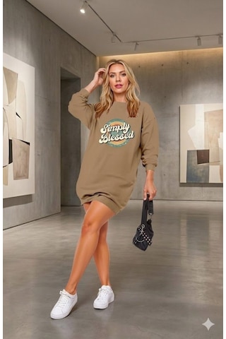 Alyn Wear Kadın Uzun Kollu Bisiklet Yaka Yazılı Viskon Iki Iplik Elbise BEJ