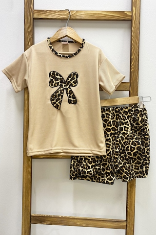 Kız Çocuk Şort Etek Takım Leopar Baskılı Fırfırlı B1 Taba