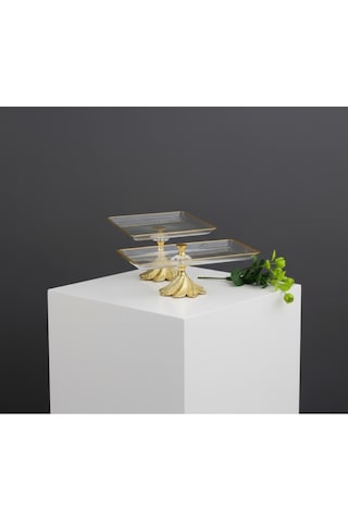 Çnr Home Collection 2 Parça Gold Semazen Metal Ayakli Pasta Sunumluk Kurabiyelik Seti Altin