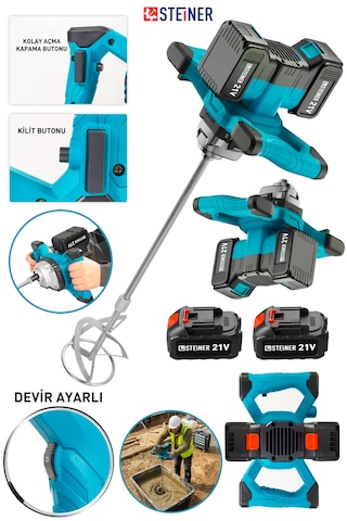 Steiner 21v Çift Akülü Bakır Sargı Devir Ayarlı Şarjlı Alçı Boya Ve Harç Karıştırıcı Mikser Makinesi