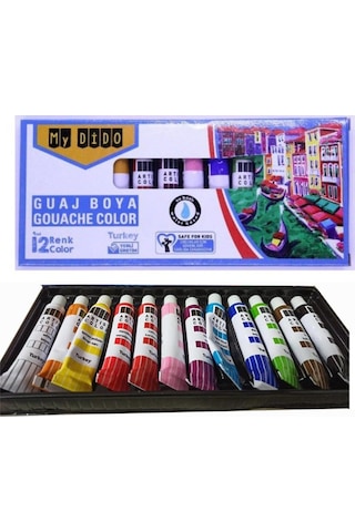Guaj Boya 12 Renk x 9 Ml Su Bazlı Tüp 1 Paket Mydido Guaj Boya 12 li Çok Renkli