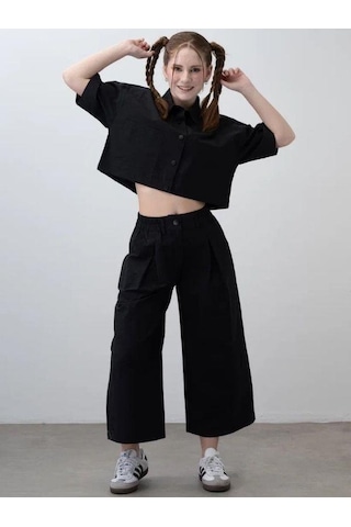 Zekids Kız Çocuk Crop Gömlek Poplin Pantolon Takım-15793 Siyah