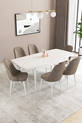 Sar Pakete Almira Serisi, Beyaz 80x132 Açılabilir Mdf Mutfak Masası Takımı 6 Adet Sandalye Cappucino