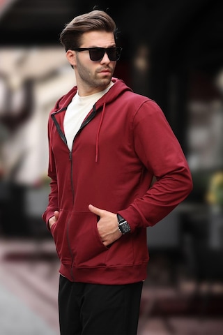 Madmext Bordo Kapüşonlu Fermuarlı Erkek Hırka 7070 Bordo
